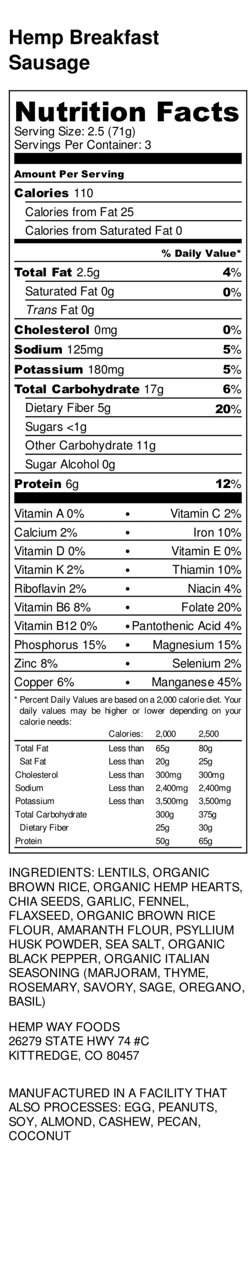 Hemp Breakfast Sausage nutrition facts