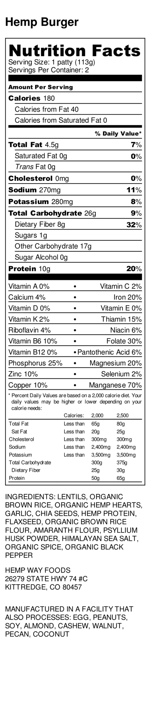 hemp burger nutrition facts